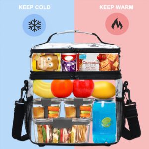 Large Insulated Lunch Bag Women Men Dual Compartment Reusable Lunch Box Soft Portable Leakproof Cooler Bag with Removable Adjustable Shoulder Strap (Marble)