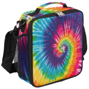 swirl tie dye lunch box for kids, rainbow geometry insulated lunch bag for boys girls, reusable waterproof lunch box with adjustable shoulder strap cooler tote bag for school, work, picnic
