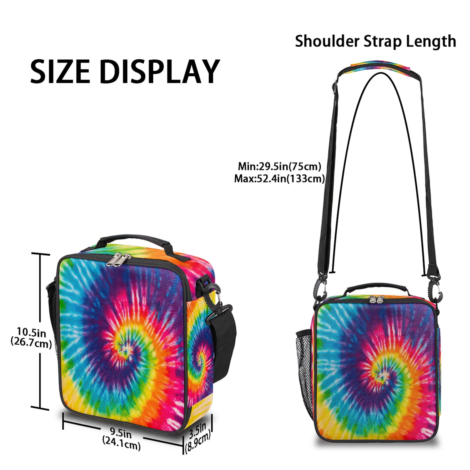 Swirl Tie Dye Lunch Box for Kids, Rainbow Geometry Insulated Lunch Bag for Boys Girls, Reusable Waterproof Lunch Box with Adjustable Shoulder Strap Cooler Tote Bag for School, Work, Picnic