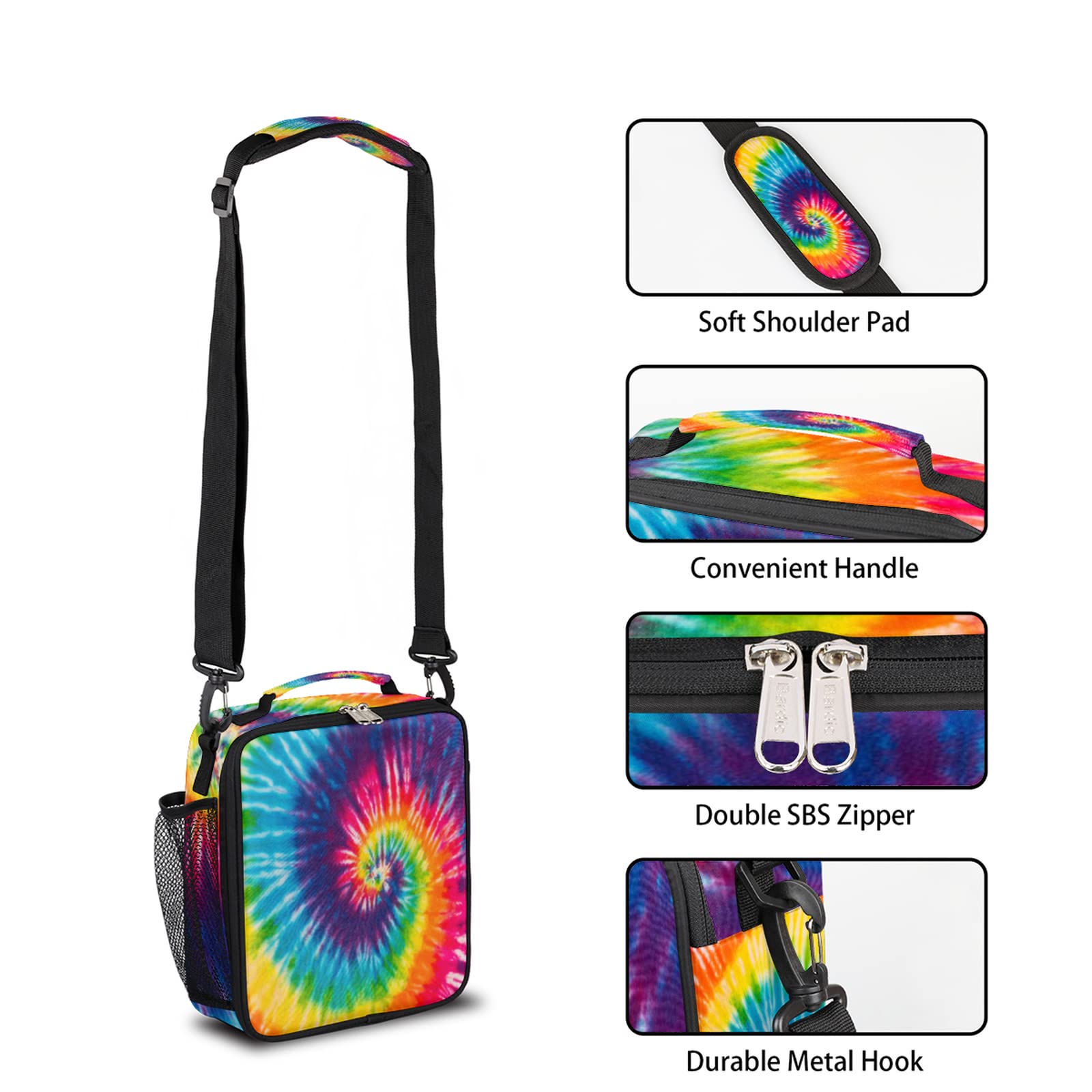 Swirl Tie Dye Lunch Box for Kids, Rainbow Geometry Insulated Lunch Bag for Boys Girls, Reusable Waterproof Lunch Box with Adjustable Shoulder Strap Cooler Tote Bag for School, Work, Picnic