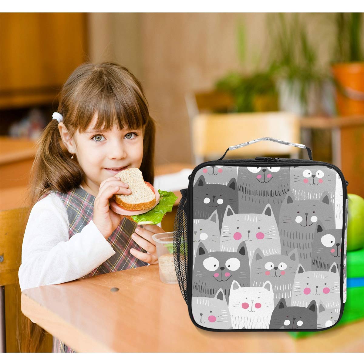 Cat Pattern Lunch Box Cats Insulated Lunch Bag Cute Funny Kitty Kitten Reusable Cooler Meal Prep Bags Lunch Tote with Shoulder Strap for Office Adult