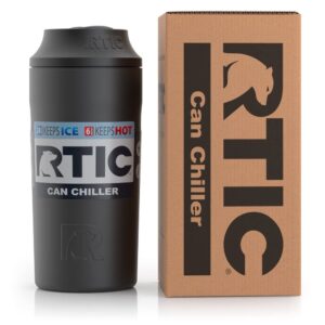 RTIC Can Chiller with Slider Lid, Black, Fits Various Sizes Including 12oz, 16oz, & Slim Cans, Double Wall Vacuum Insulated, Stainless Steel, Sweat Proof