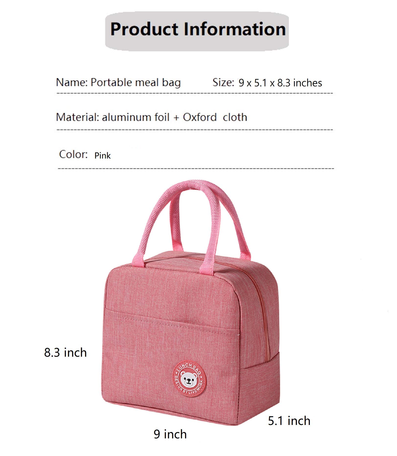 5.5 L Pink Bear Small Lunch Bags for Women, Portable Insulation Bags, Reusable Lunch Bags, Can be Used for Picnics, Work, etc. (S, Pink Bear)