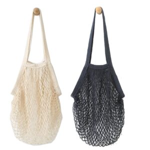 yekeyi 2pcs portable reusable mesh cotton net string bag organizer shopping tote handbag fruit storage shopper new (black,beige)