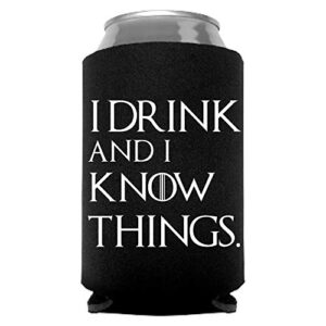 cool coast products | tyrion lannister | black coolie | drink and know things | funny novelty hugger coolie huggie - fantasy drama theme | beer gifts | neoprene can cooler (black coolie)