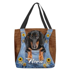 izi pod personalized dachshund with sunflower tote bag - custom tote bags with name, gift for dog mom, women bag shoulder, canvas tote grocery, gift for dog lover, girl shopping handbag