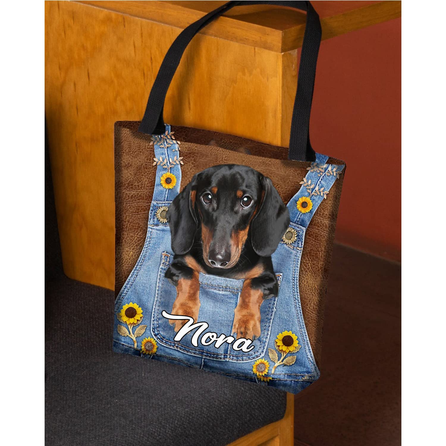 IZI POD Personalized Dachshund with Sunflower Tote Bag - Custom Tote Bags with Name, Gift for Dog Mom, Women Bag Shoulder, Canvas Tote Grocery, Gift for Dog Lover, Girl Shopping Handbag