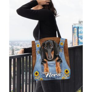 IZI POD Personalized Dachshund with Sunflower Tote Bag - Custom Tote Bags with Name, Gift for Dog Mom, Women Bag Shoulder, Canvas Tote Grocery, Gift for Dog Lover, Girl Shopping Handbag