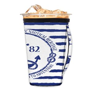 nautical navy reusable iced coffee sleeve cold beverage coozies compatible£¬blue striped anchor cup sleeve with handle machine washable for most coffee drinks fits 24-28 oz coffee cups