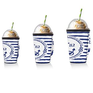 Nautical Navy Reusable Iced Coffee Sleeve Cold Beverage Coozies Compatible£¬Blue Striped Anchor Cup Sleeve with Handle Machine Washable for Most Coffee Drinks Fits 24-28 oz Coffee Cups