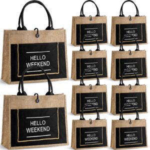 10 pack burlap tote bags with handles jute tote bag large weekend burlap beach bag gift bags waterproof jute bag for travel(black)