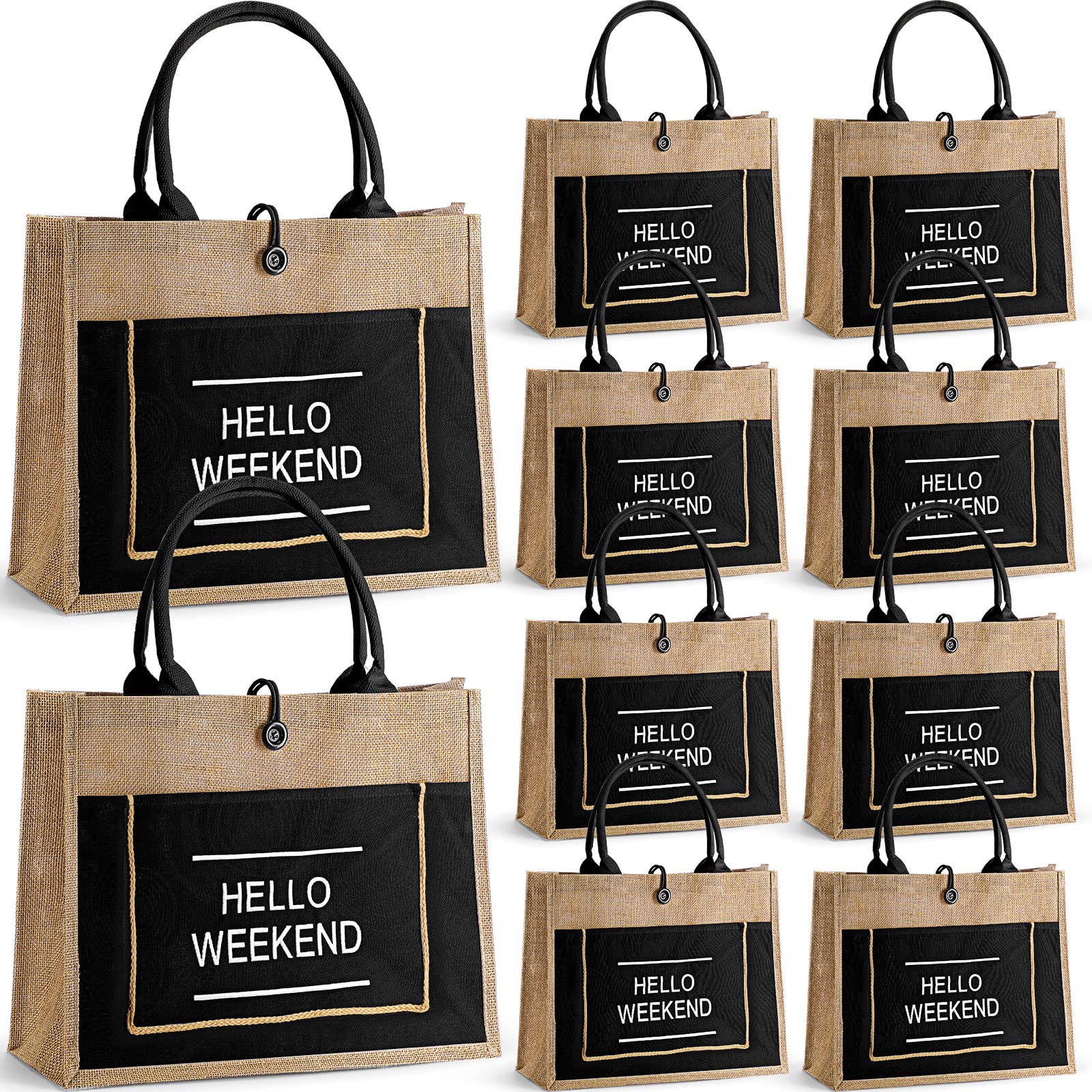 10 Pack Burlap Tote Bags with Handles Jute Tote Bag Large Weekend Burlap Beach Bag Gift Bags Waterproof Jute Bag for Travel(Black)