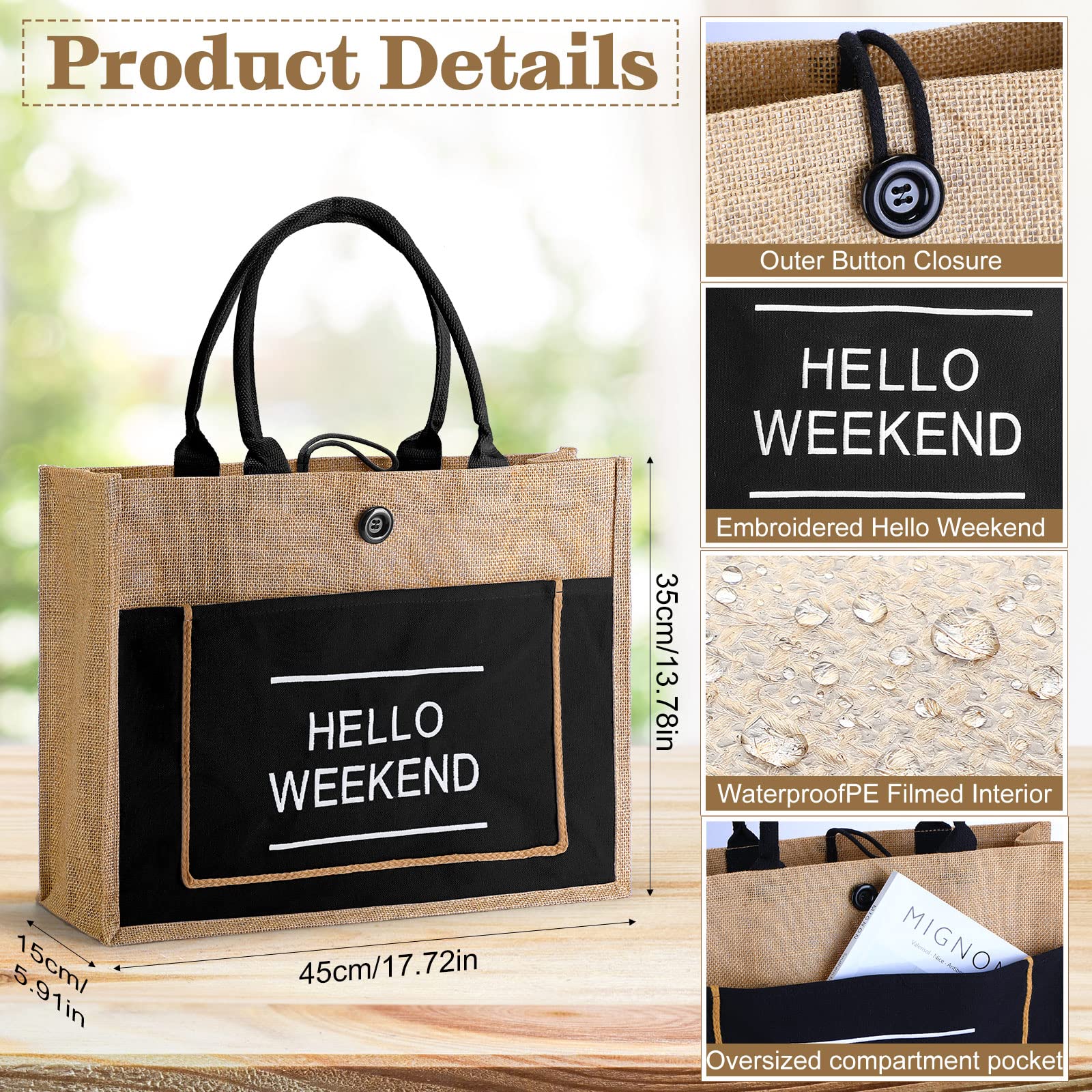 10 Pack Burlap Tote Bags with Handles Jute Tote Bag Large Weekend Burlap Beach Bag Gift Bags Waterproof Jute Bag for Travel(Black)