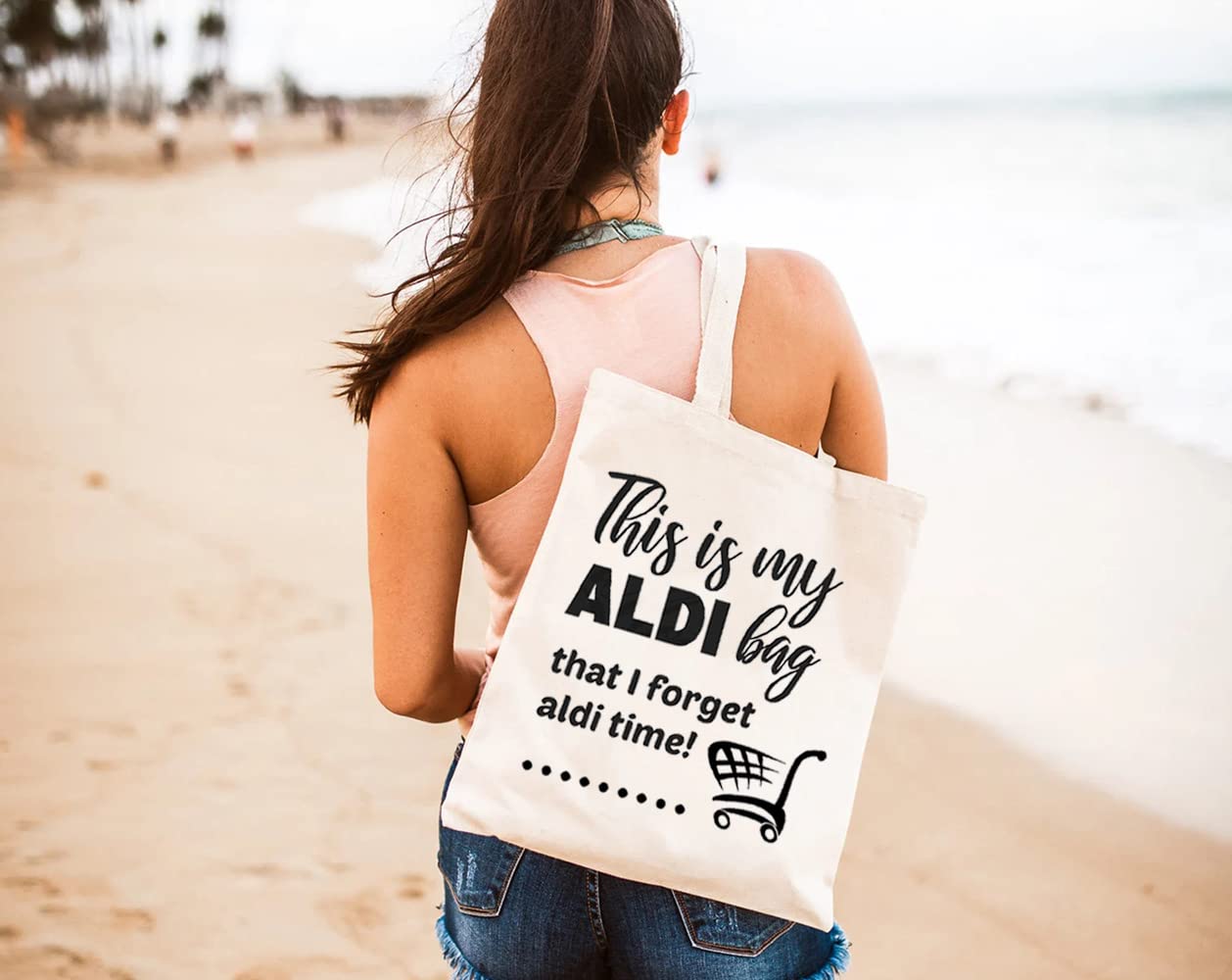 GXVUIS This Is My Aldi Bag That I Forget Aldi Time Canvas Tote Bag for Women Aesthetic Reusable Grocery Shopping Bags White