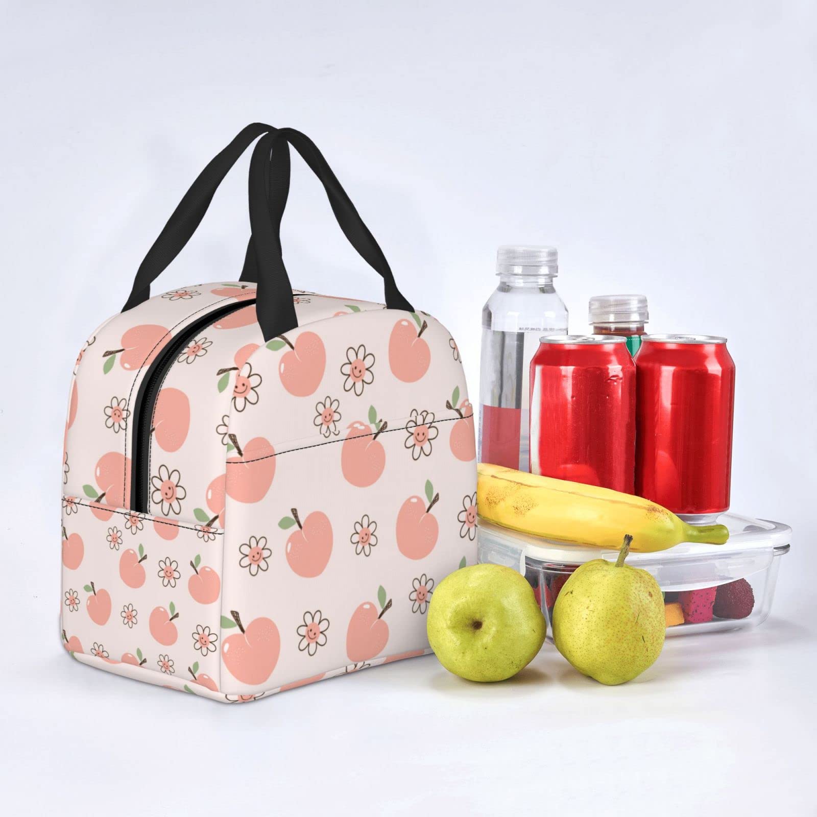 Echoserein Peach Fruit Happy Flower Pink Lunch Bag For Women Girls Insulated Lunch Box Reusable Lunchbox Waterproof Portable Lunch Tote