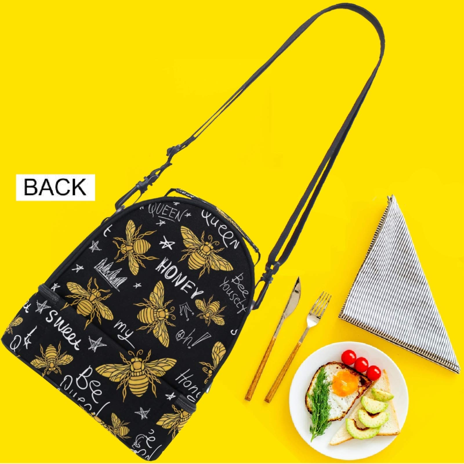 Naanle Golden Honey Bee Animal Lunch Bags for Women Men Youth Lunch Boxes Insulated Lunch Bag with Shoulder Strap Double Decker Dual Compartment Waterproof Reusable Lightweight tote bag