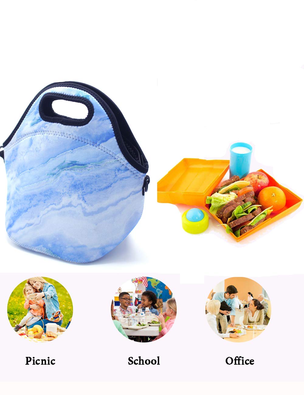 ALLENLIFE neoprene lunch bag Insulated handbags Lunch Box Cooler Bag for school children teen girls women (BLUE)