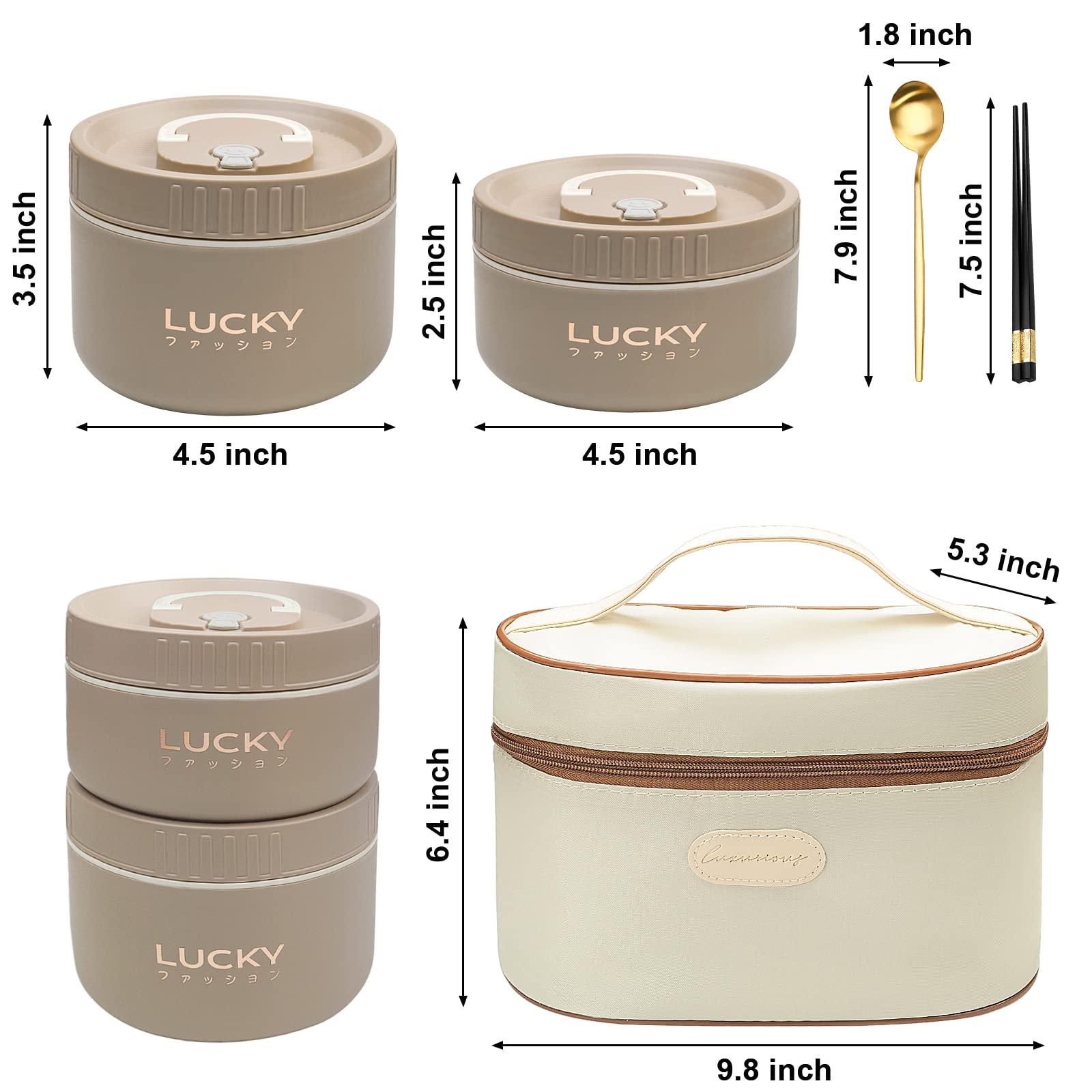 LANSKYWARE Portable Insulated Lunch Container set, Bento Box Adult Lunch Box Set with Insulated Lunch Bag, 4 Separate Stackable Thermal Food Lunch Container for Adult, Brown