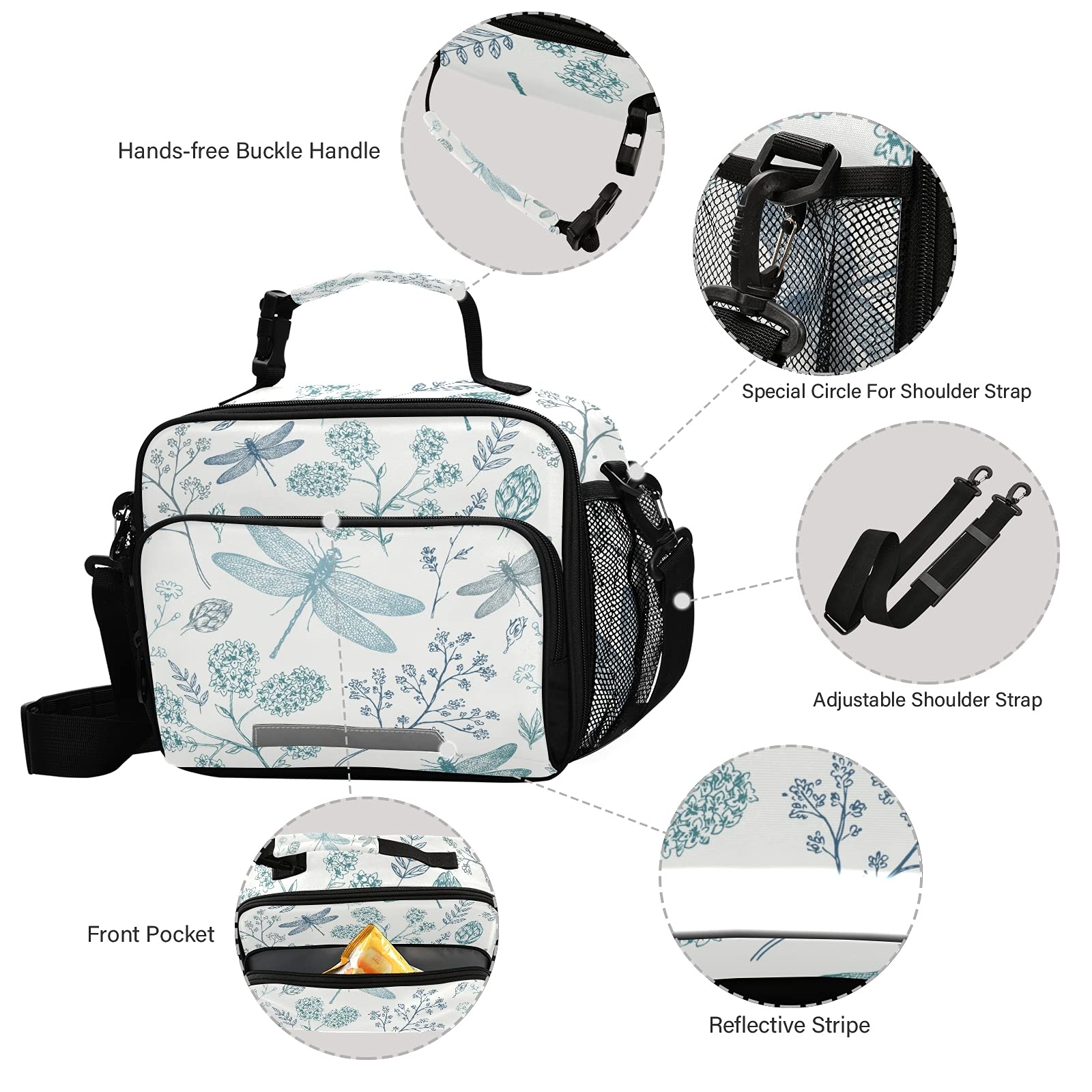 Blueangle Retro Dragonfly Print Insulated Lunch Bag with Detachable Shoulder Strap & Carry Handle, Eco-friendly Cooler Bag Tote Bag,School Lunch Box for Teens,Men,Women