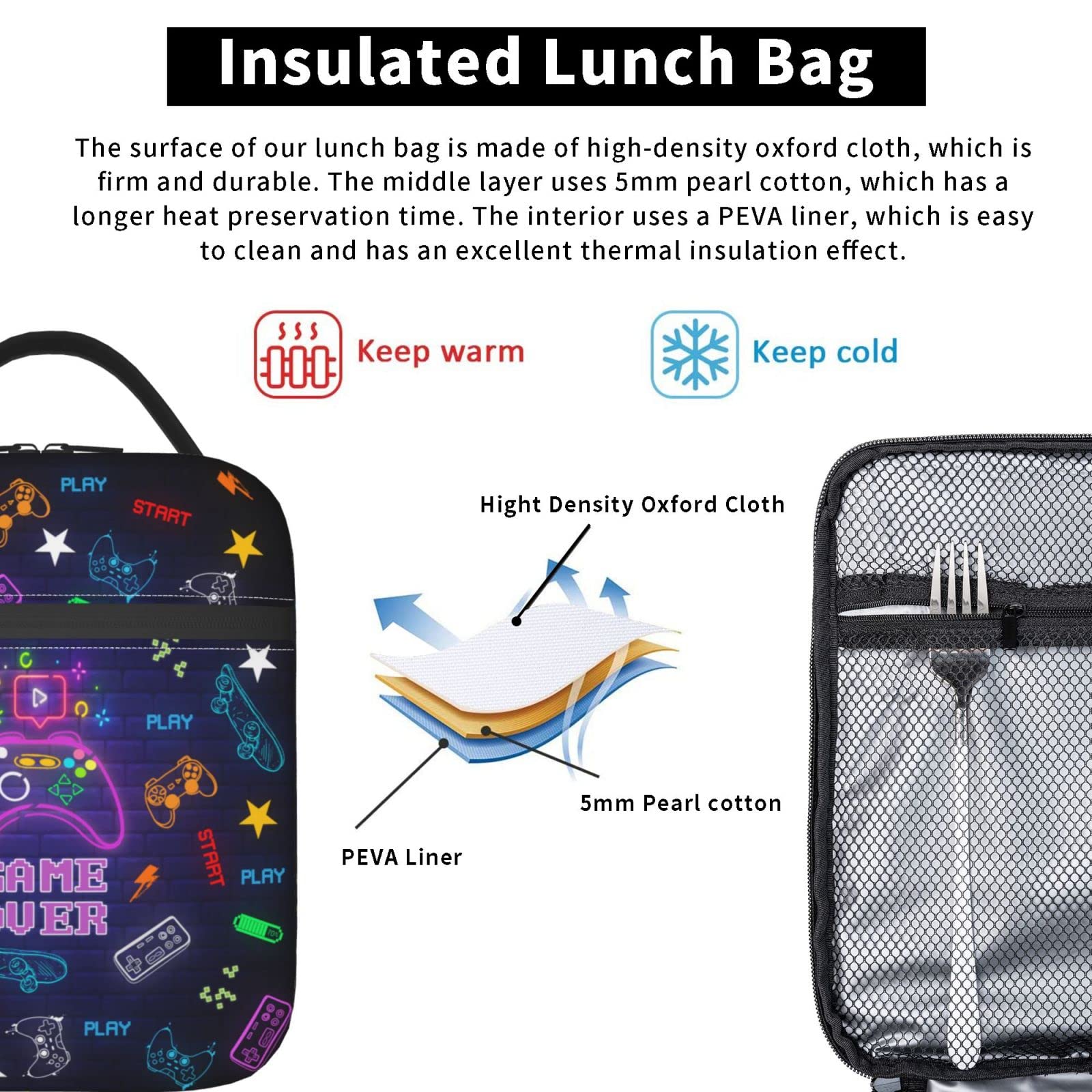 iujybax Game Lunch Box Lunch Bags, Heat Insulated Leakproof Lunch Bag for Men, Reusable Handbags Thermal Cooler Tote Bag, Gamer Lunch Boxes for Mens