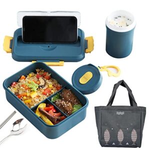 jossens bento box set,1100ml leakproof lunch box kit with utensils,breakfast cup and lunch bag,3 compartment microwave lunch containers,bpa free(blue)