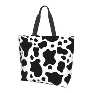 zhizhend cow print canvas tote bags with inner pocket,reusable and large capacity shopping bags,washable tote bag for women teacher mother