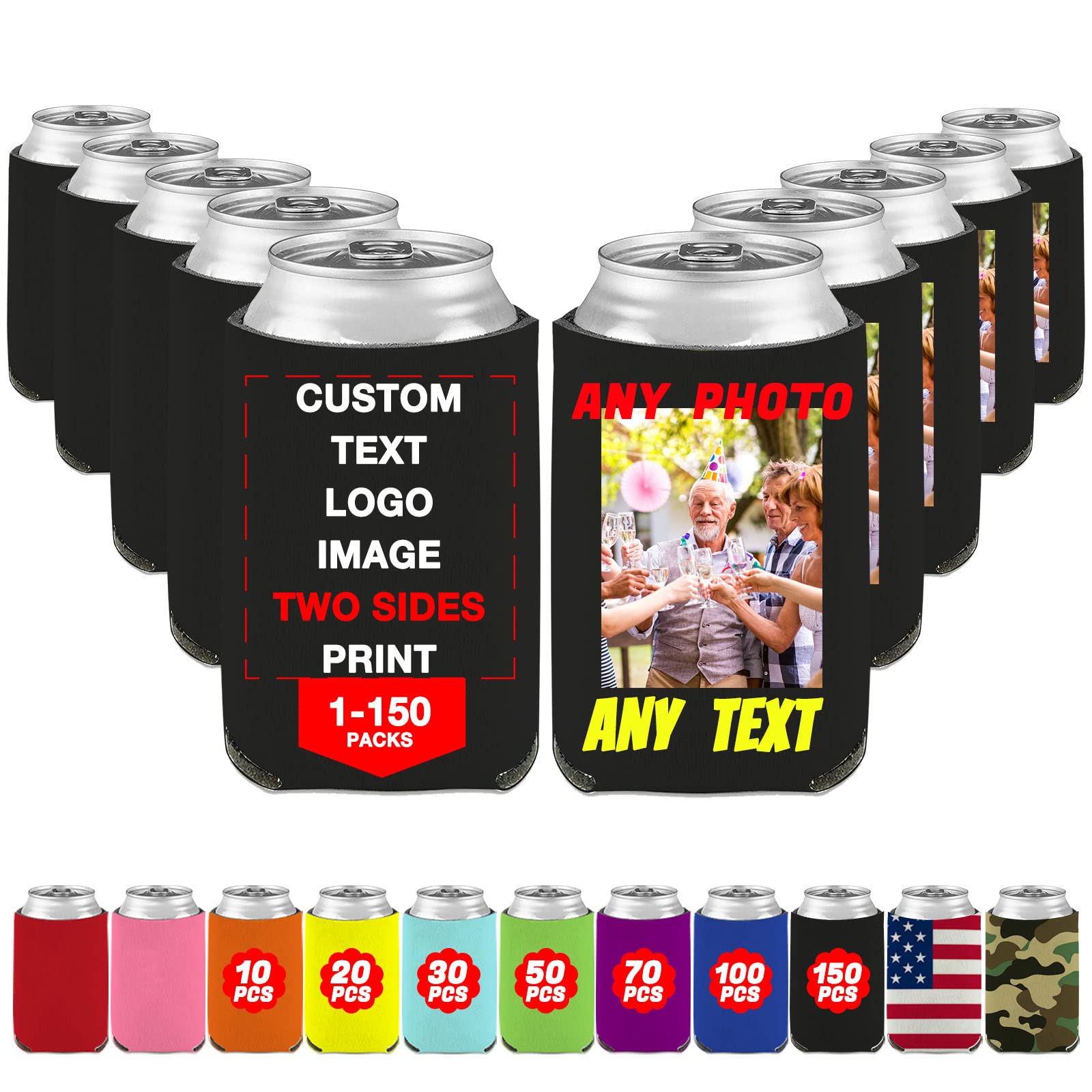 Custom Can Beer Coolers Sleeve 1-150 Bulk Personalized Insulated Beverage Bottle Holder with Photo Image Logo Text for Party Wedding Birthday