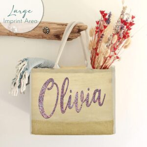 Personalized Beach Tote Bags Gifts w/Name - 17 Vinyl Colors 15x14 Inches - Custom Canvas Handbags Gift for Womens - Customized Large Natural Jute Bags for Girls - Large Burlap Summer Bags w/Gusset C1