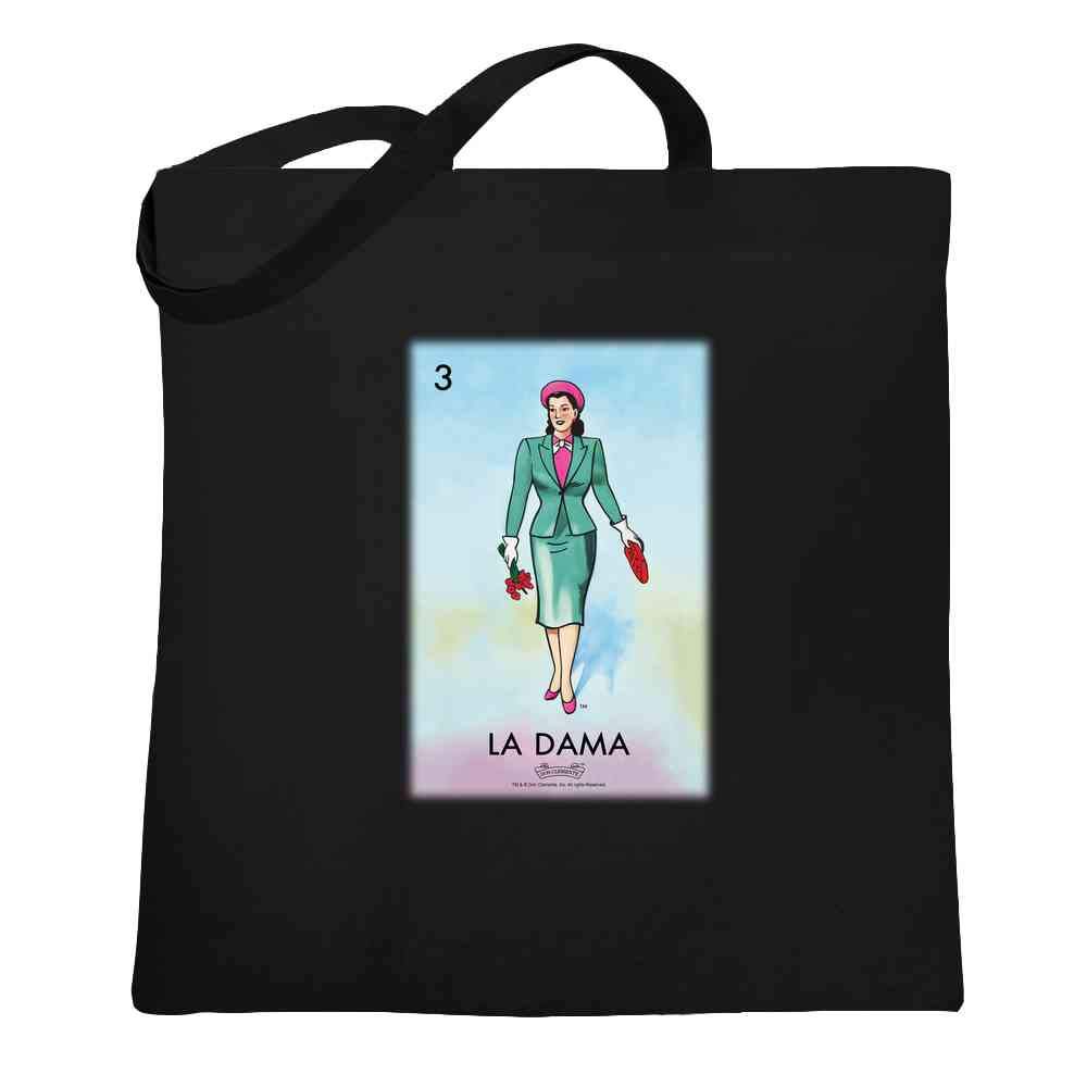 Pop Threads La Dama Woman Lady Loteria Card Mexican Bingo Black 15x15 inches Large Canvas Tote Bag