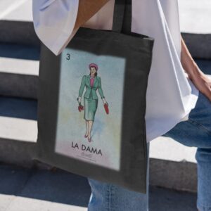 Pop Threads La Dama Woman Lady Loteria Card Mexican Bingo Black 15x15 inches Large Canvas Tote Bag