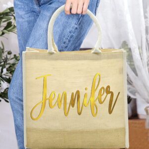 Personalized Beach Tote Bags Gifts w/Name - 17 Vinyl Colors 15x14 Inches - Custom Canvas Handbags Gift for Womens - Customized Large Natural Jute Bags for Girls - Large Burlap Summer Bags w/Gusset C1