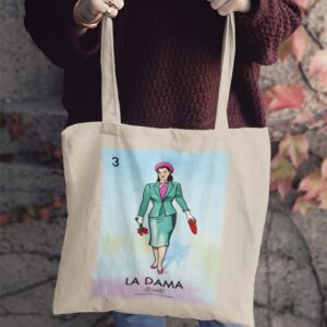 Pop Threads La Dama Woman Lady Loteria Card Mexican Bingo Black 15x15 inches Large Canvas Tote Bag