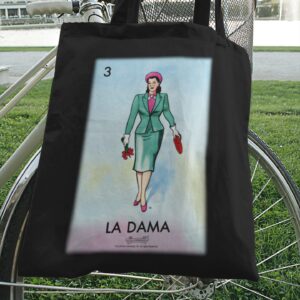 Pop Threads La Dama Woman Lady Loteria Card Mexican Bingo Black 15x15 inches Large Canvas Tote Bag