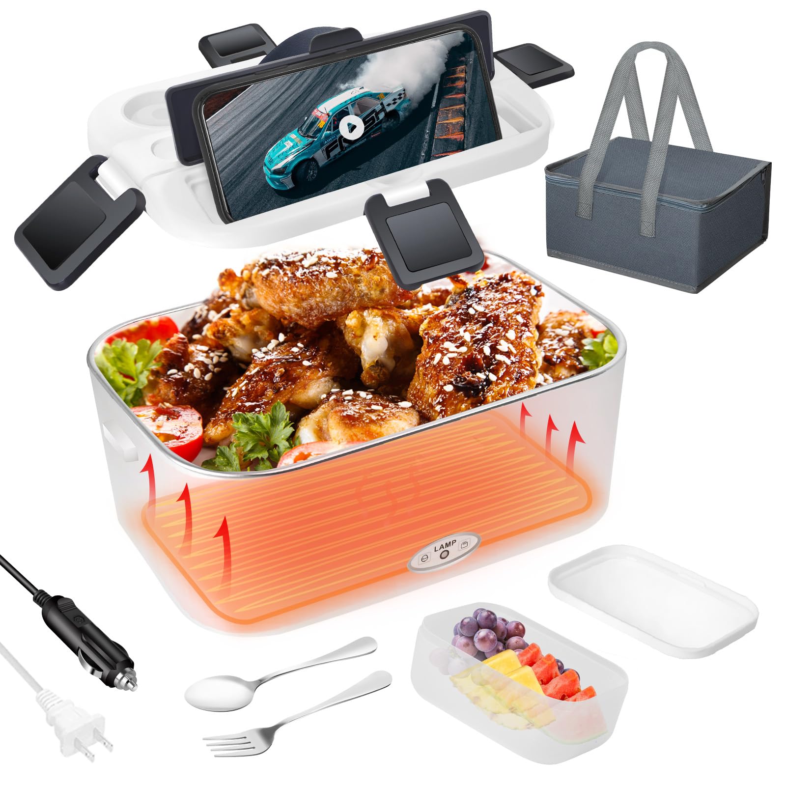 FCCABIN Electric Lunch Box, 1.8L Larger 80W Quick Food Heater for Adults, Self Heating Lunch Box Portable for Taxidriver/Men/Truckers/Car/Worker Food Warmer Hot Lunch Container with 0.5L Compartment