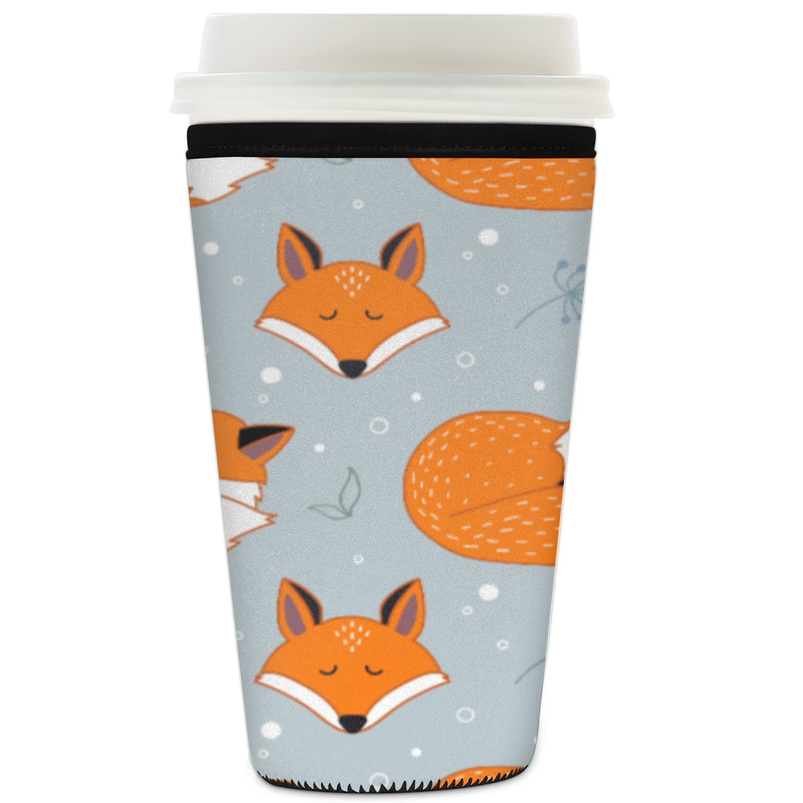 Iced Coffee Sleeve Animal Fox, Fox Flower Reusable Neoprene Insulated Sleeves Cup Cover Holder for Cold Drinks Beverages 22oz - 24oz