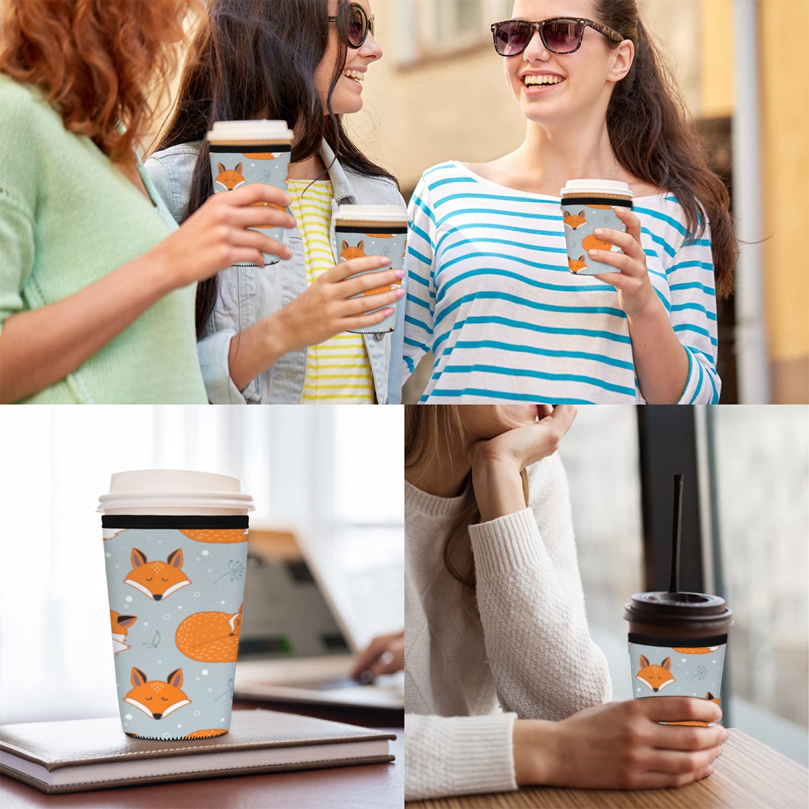 Iced Coffee Sleeve Animal Fox, Fox Flower Reusable Neoprene Insulated Sleeves Cup Cover Holder for Cold Drinks Beverages 22oz - 24oz