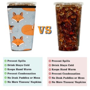 Iced Coffee Sleeve Animal Fox, Fox Flower Reusable Neoprene Insulated Sleeves Cup Cover Holder for Cold Drinks Beverages 22oz - 24oz