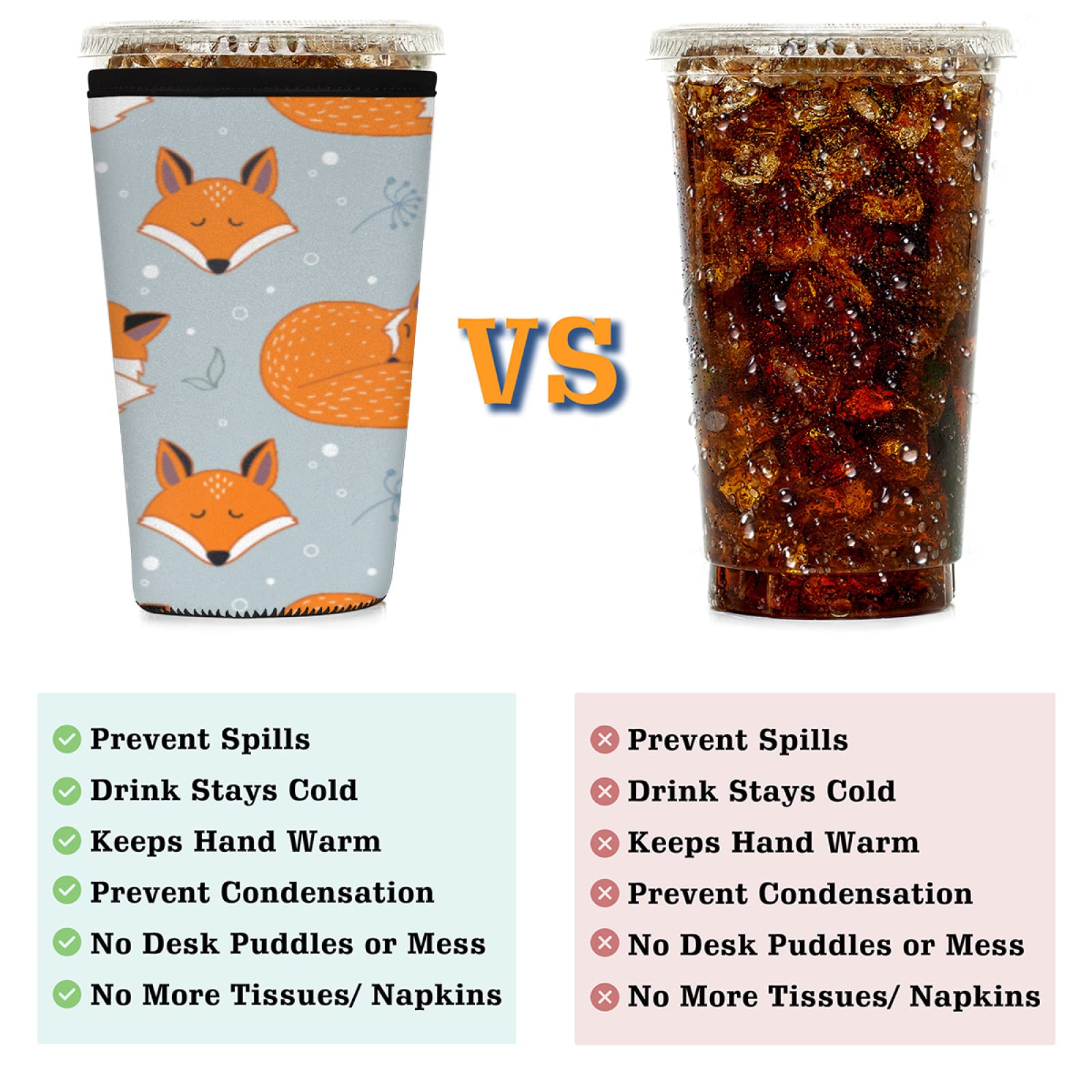 Iced Coffee Sleeve Animal Fox, Fox Flower Reusable Neoprene Insulated Sleeves Cup Cover Holder for Cold Drinks Beverages 22oz - 24oz