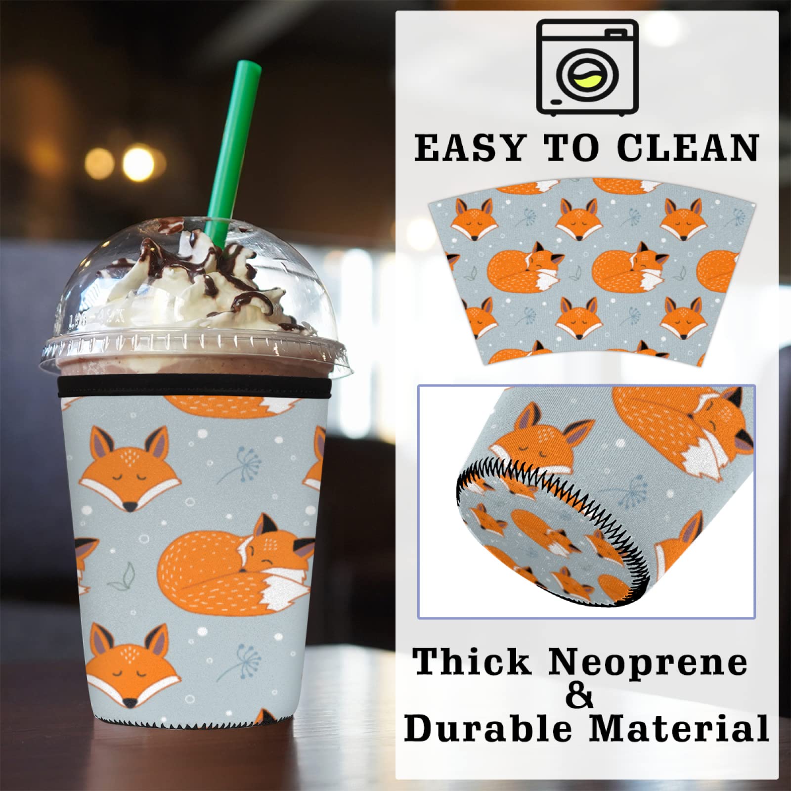 Iced Coffee Sleeve Animal Fox, Fox Flower Reusable Neoprene Insulated Sleeves Cup Cover Holder for Cold Drinks Beverages 22oz - 24oz