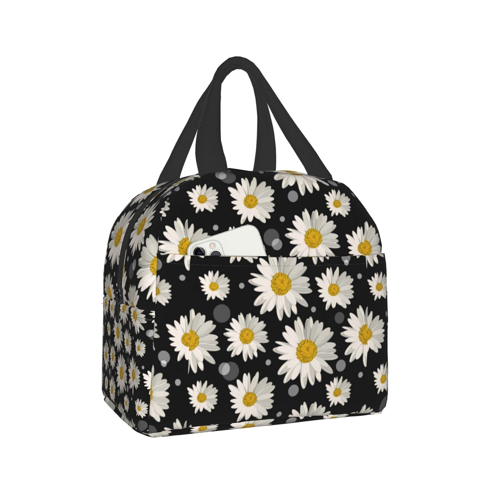 XIAOGUAISHOU White Daisy Flowers lunch Bag Insulated Cooler Tote Bags Box Reusable Meal Container for Women Office Picnic Work Beach One Size