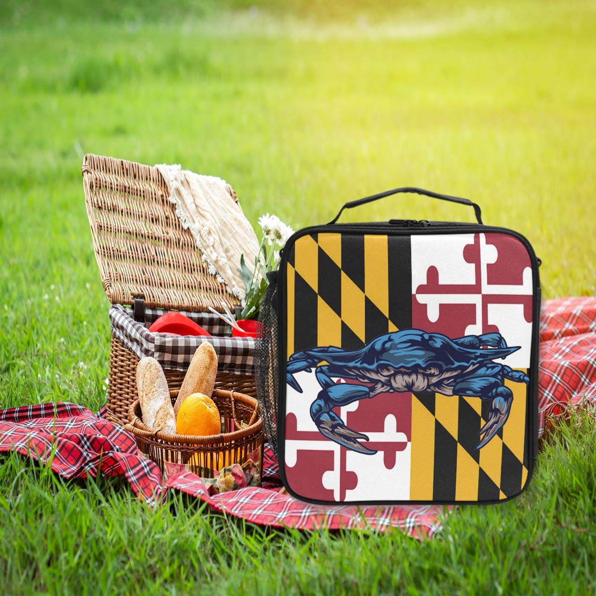 ZZXXB Maryland State Flag Crab Insulated Lunch Bag Box Reusable Thermal Cooler Bag Tote Outdoor Travel Picnic Bag With Shoulder Strap for Children Students Adults