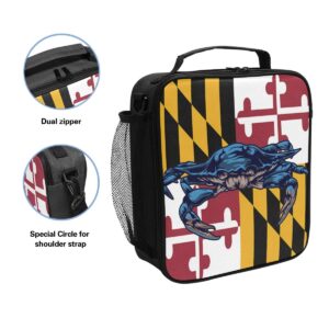 ZZXXB Maryland State Flag Crab Insulated Lunch Bag Box Reusable Thermal Cooler Bag Tote Outdoor Travel Picnic Bag With Shoulder Strap for Children Students Adults