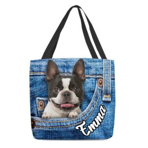 izi pod nazenti personalized boston terrier in pocket tote bag - custom print two side tote bags with name, gift for dog mom, women bag shoulder, tote grocery, gift for dog lover, girl handbag