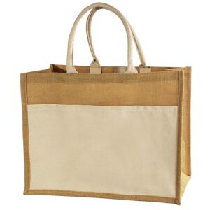 tbf jute burlap tote bags w/canvas front pocket easy-to-decorate vintage totes for rustic chic weddings, shopping, travel, arts & crafts bags (pack of 6)