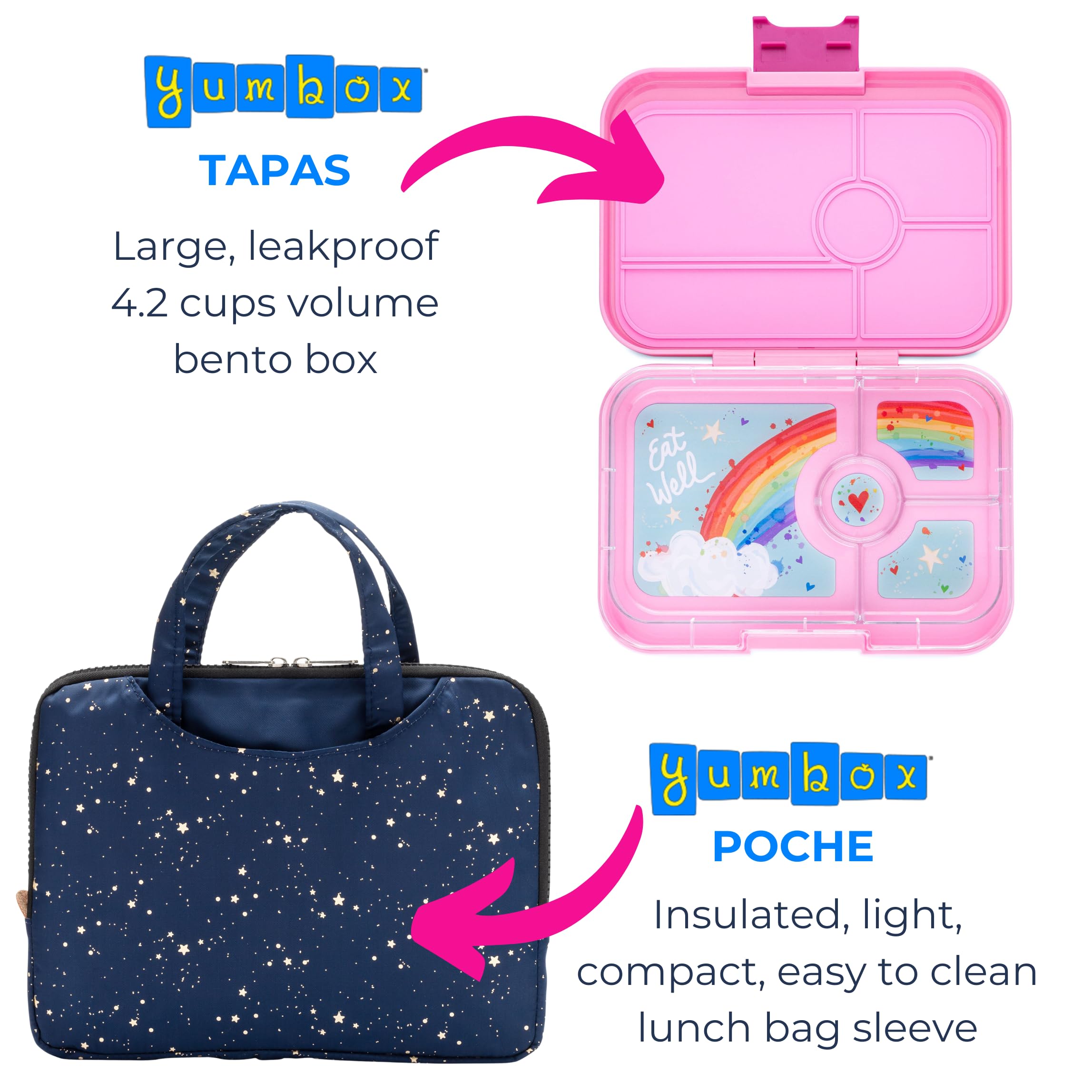 Yumbox Tapas Leakproof Bento Box, Lunch box for women, Teens and Kids, Large size, 4 compartment tray with large section for sandwich, salads plus sides and dip well (Capri Pink - Rainbow)