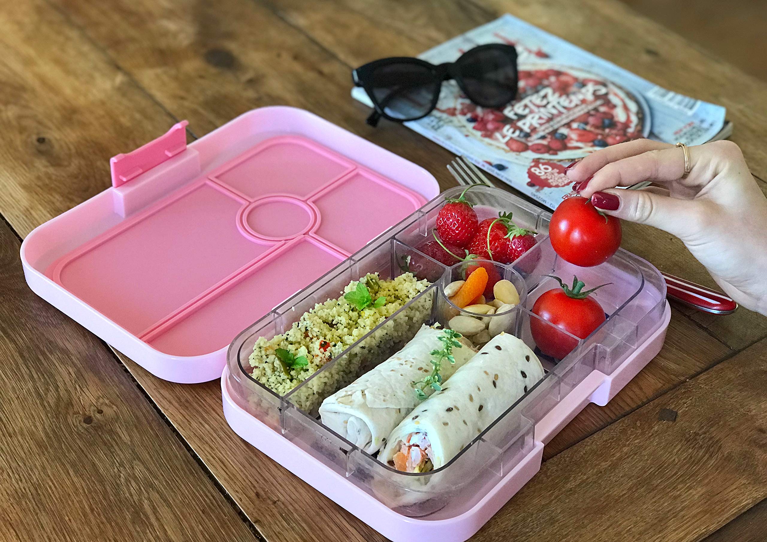 Yumbox Tapas Leakproof Bento Box, Lunch box for women, Teens and Kids, Large size, 4 compartment tray with large section for sandwich, salads plus sides and dip well (Capri Pink - Rainbow)