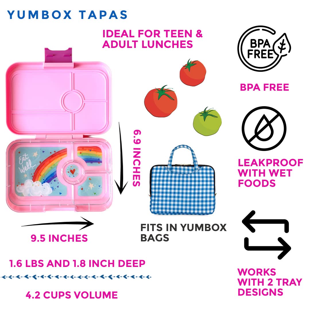 Yumbox Tapas Leakproof Bento Box, Lunch box for women, Teens and Kids, Large size, 4 compartment tray with large section for sandwich, salads plus sides and dip well (Capri Pink - Rainbow)