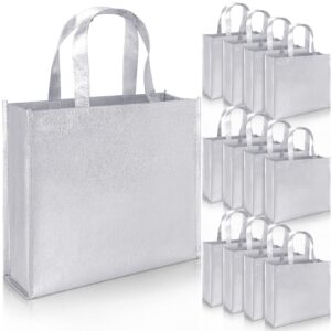 phogary 12 large gift bags with handles (silver), stylish tote bags for birthday wedding party favor christmas wrap, reusable glossy grocery bags, non-woven fabric