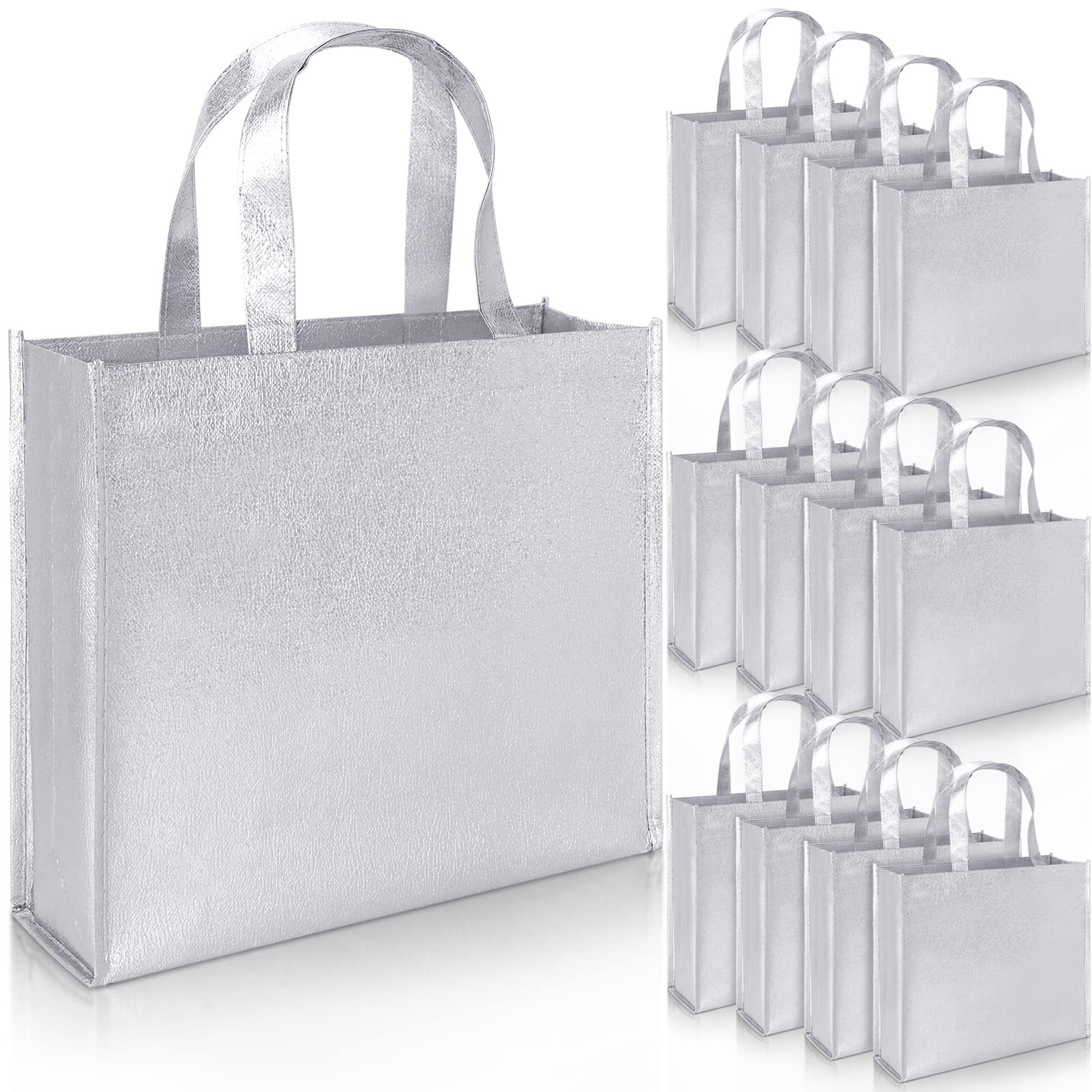 PHOGARY 12 Large Gift Bags with Handles (Silver), Stylish Tote Bags for Birthday Wedding Party Favor Christmas Wrap, Reusable Glossy Grocery Bags, non-woven fabric