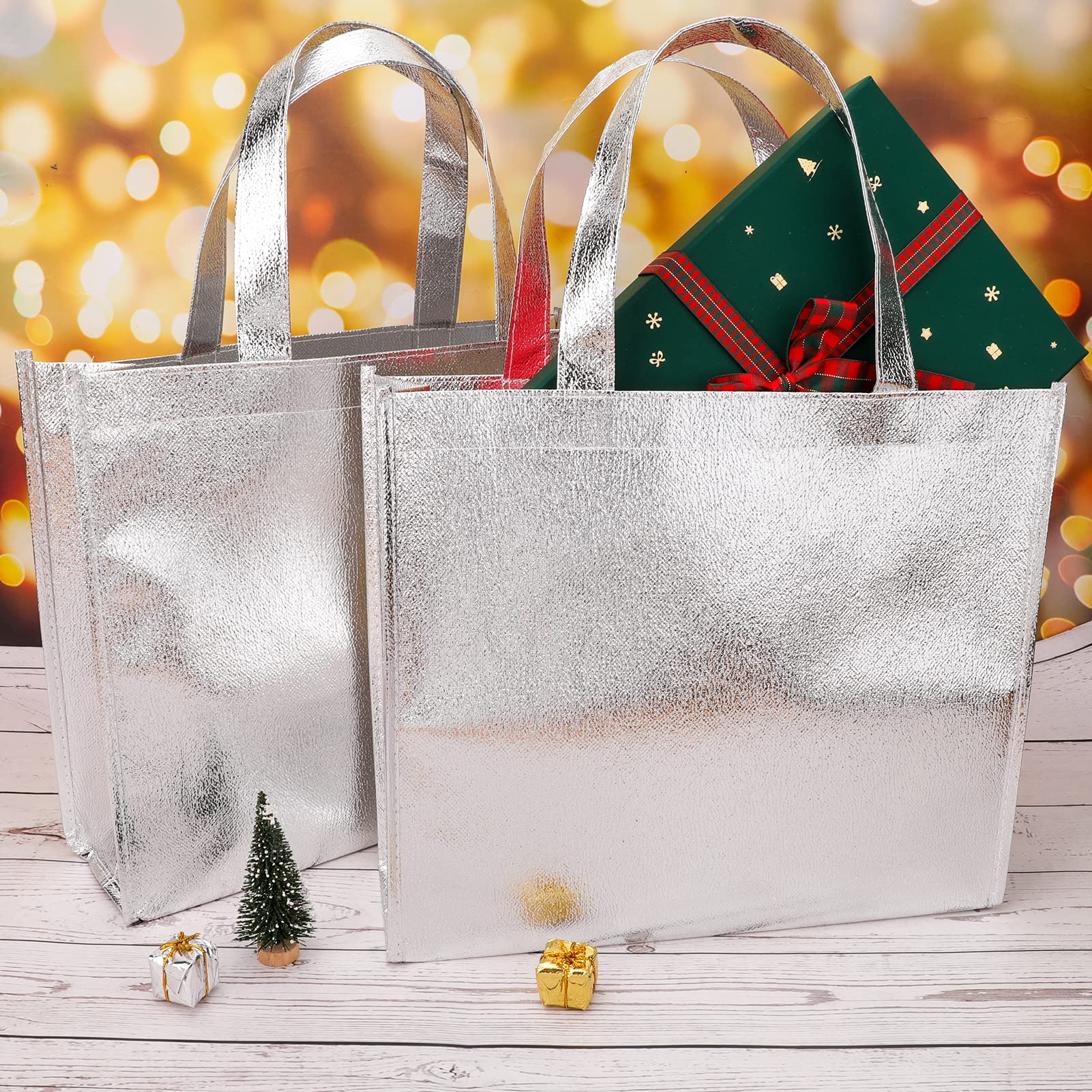 PHOGARY 12 Large Gift Bags with Handles (Silver), Stylish Tote Bags for Birthday Wedding Party Favor Christmas Wrap, Reusable Glossy Grocery Bags, non-woven fabric